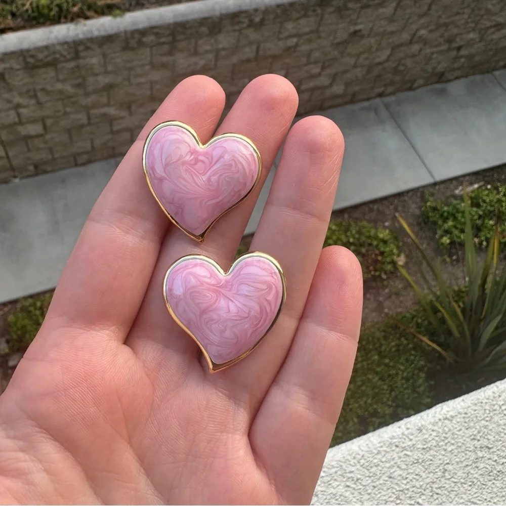 Pink Marbled Heart Statement Earrings – Gold Plated Stainless Steel Studs